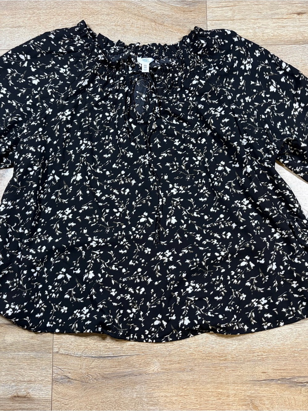 Time and Tru Black Floral Tie-Neck Blouse